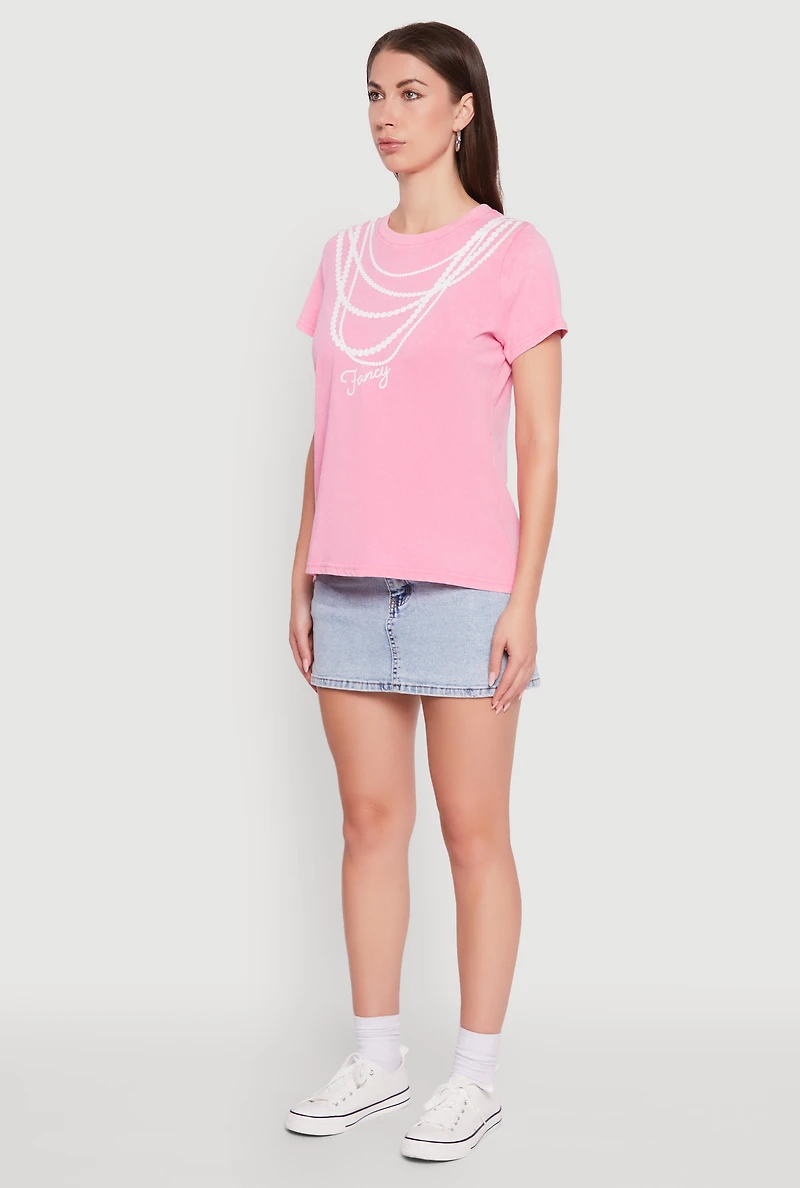 Womens Acid Wash Fancy String Pearl Graphic Tee, Pink, Size XL