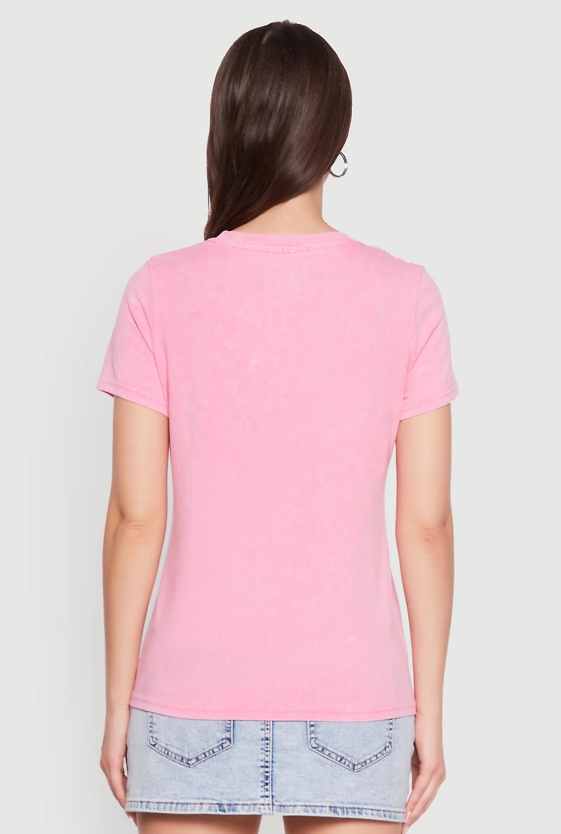 Womens Acid Wash Fancy String Pearl Graphic Tee, Pink, Size XL