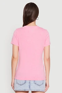 Womens Acid Wash Fancy String Pearl Graphic Tee, Pink, Size XL