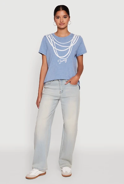 Womens Acid Wash Fancy String Pearl Graphic Tee, Blue, Size L