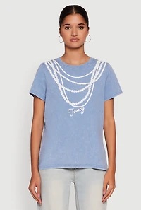 Womens Acid Wash Fancy String Pearl Graphic Tee, Blue, Size L