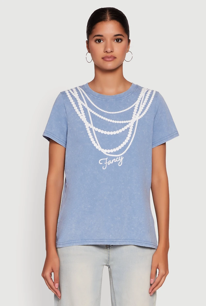Womens Acid Wash Fancy String Pearl Graphic Tee, Blue, Size S