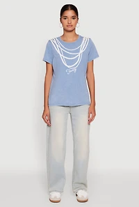 Womens Acid Wash Fancy String Pearl Graphic Tee, Blue, Size L