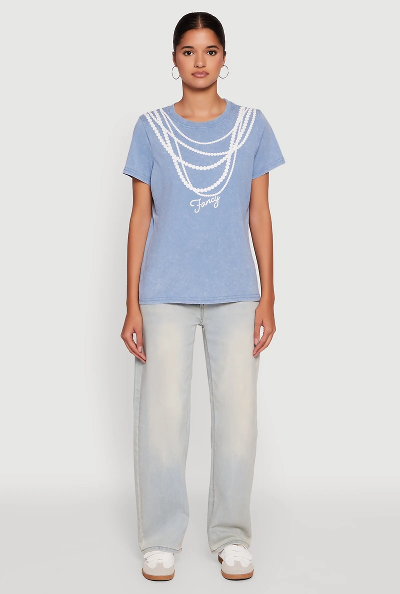 Womens Acid Wash Fancy String Pearl Graphic Tee, Blue, Size S