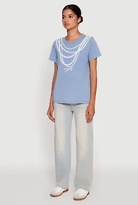 Womens Acid Wash Fancy String Pearl Graphic Tee, Blue, Size L