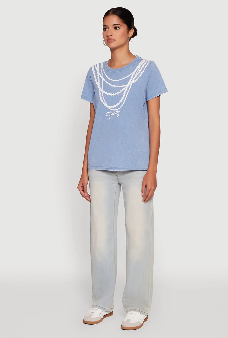 Womens Acid Wash Fancy String Pearl Graphic Tee, Blue, Size S
