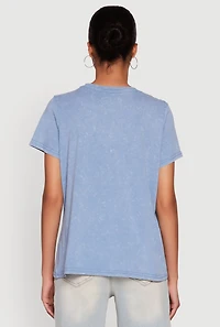 Womens Acid Wash Fancy String Pearl Graphic Tee, Blue, Size L