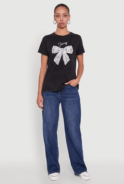Womens Acid Wash Fancy Bow Graphic Tee,