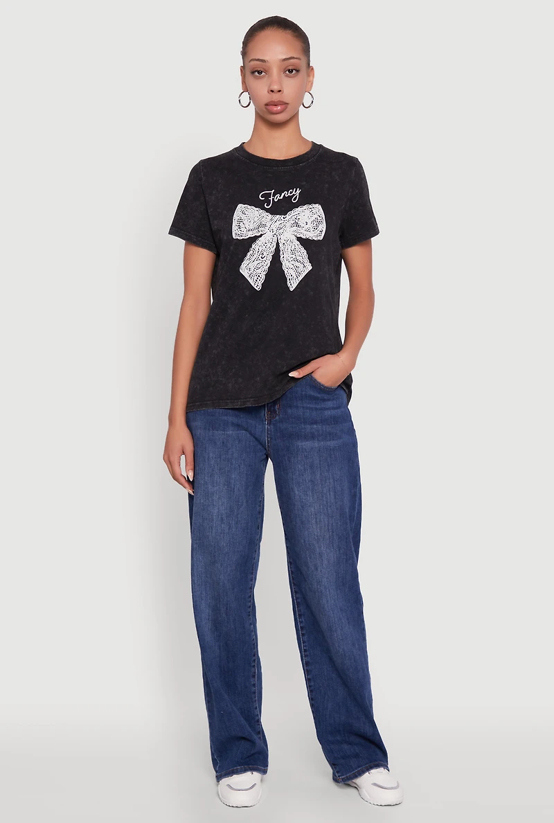 Womens Acid Wash Fancy Bow Graphic Tee, Black, Size M