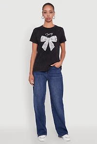 Womens Acid Wash Fancy Bow Graphic Tee, Black, Size M