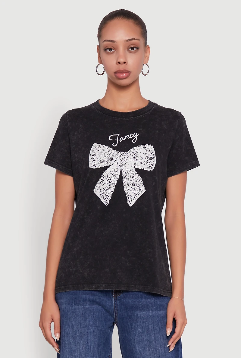 Womens Acid Wash Fancy Bow Graphic Tee, Black, Size M