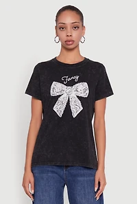 Womens Acid Wash Fancy Bow Graphic Tee, Black, Size M