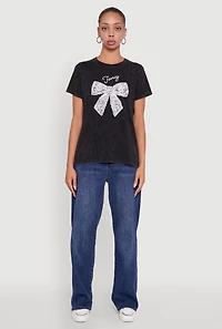 Womens Acid Wash Fancy Bow Graphic Tee,