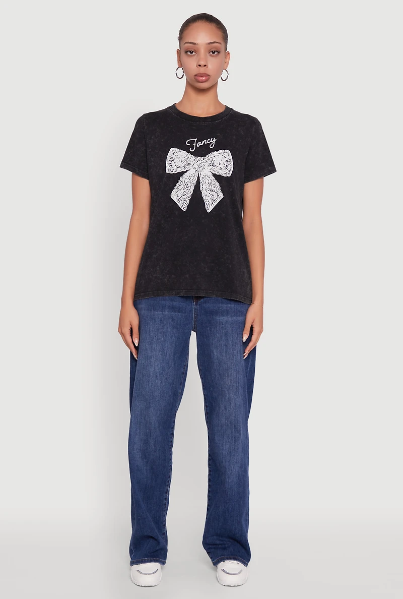 Womens Acid Wash Fancy Bow Graphic Tee, Black, Size M