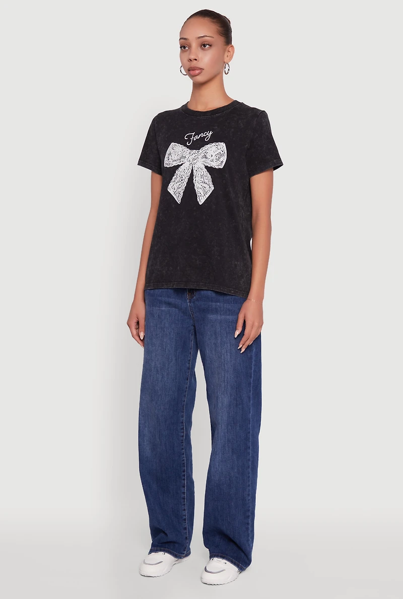 Womens Acid Wash Fancy Bow Graphic Tee, Black, Size M