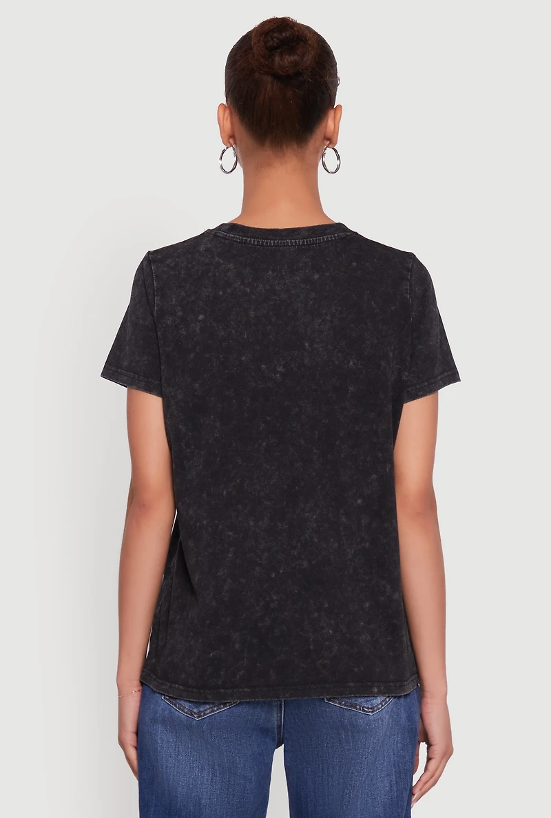 Womens Acid Wash Fancy Bow Graphic Tee, Black, Size M