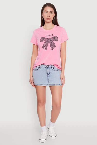 Womens Acid Wash Fancy Bow Graphic Tee, Pink, Size XL