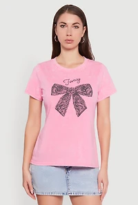 Womens Acid Wash Fancy Bow Graphic Tee, Pink, Size XL