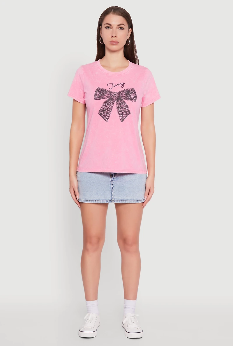 Womens Acid Wash Fancy Bow Graphic Tee, Pink, Size XL