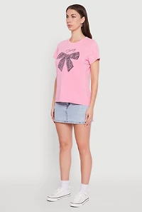 Womens Acid Wash Fancy Bow Graphic Tee, Pink, Size XL