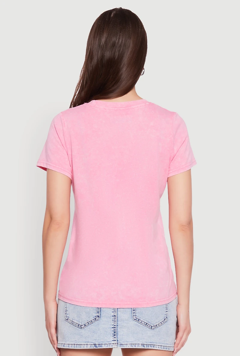 Womens Acid Wash Fancy Bow Graphic Tee, Pink, Size XL