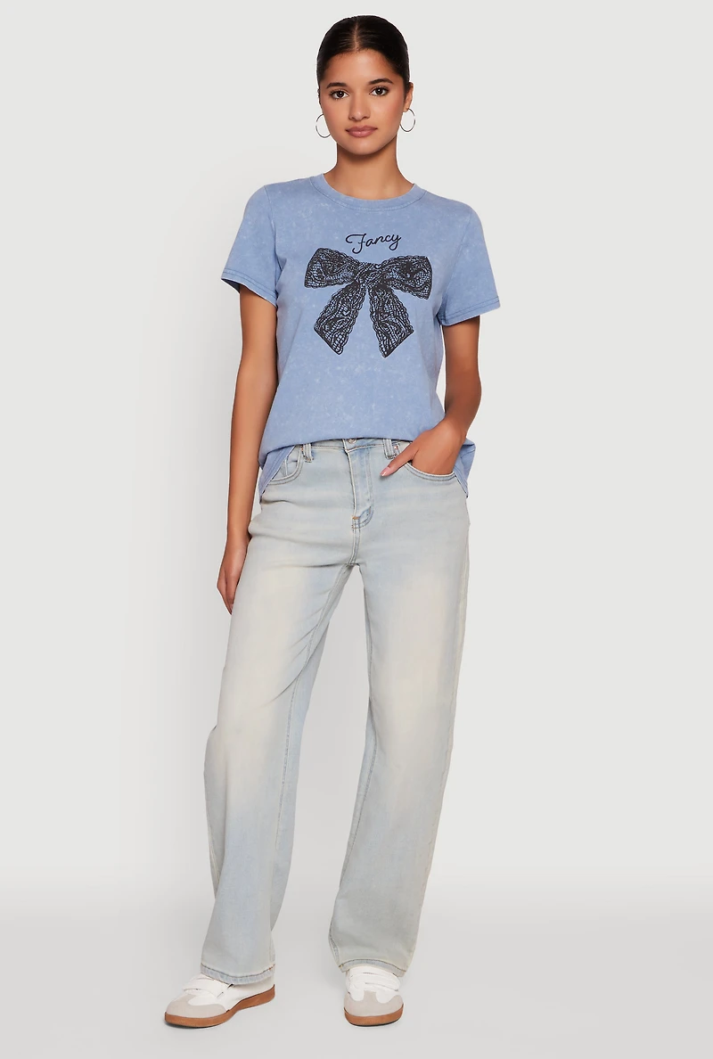 Womens Acid Wash Fancy Bow Graphic Tee, Blue, Size L