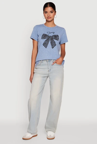Womens Acid Wash Fancy Bow Graphic Tee, Blue, Size L
