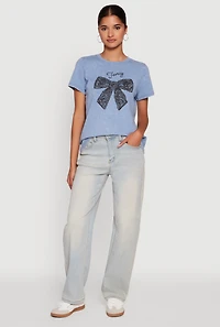 Womens Acid Wash Fancy Bow Graphic Tee, Blue, Size L