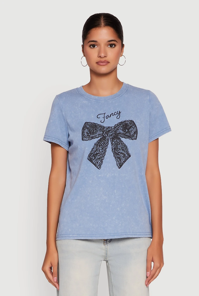 Womens Acid Wash Fancy Bow Graphic Tee, Blue, Size L