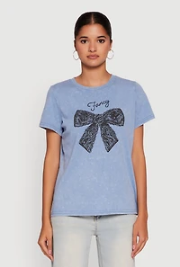 Womens Acid Wash Fancy Bow Graphic Tee, Blue, Size L
