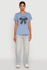 Womens Acid Wash Fancy Bow Graphic Tee, Blue, Size L