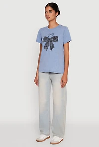 Womens Acid Wash Fancy Bow Graphic Tee, Blue, Size L