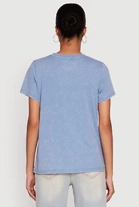 Womens Acid Wash Fancy Bow Graphic Tee, Blue, Size L