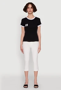 Womens Stylish 83 Graphic Contrast Trim Cotton Jersey Tee, Black, Size S