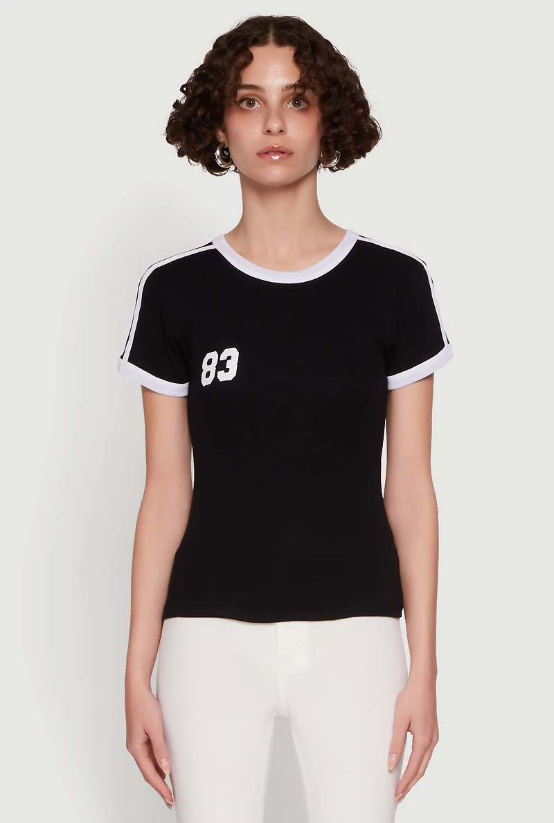 Womens Stylish 83 Graphic Contrast Trim Cotton Jersey Tee, Black, Size S