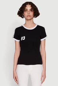 Womens Stylish 83 Graphic Contrast Trim Cotton Jersey Tee, Black, Size S