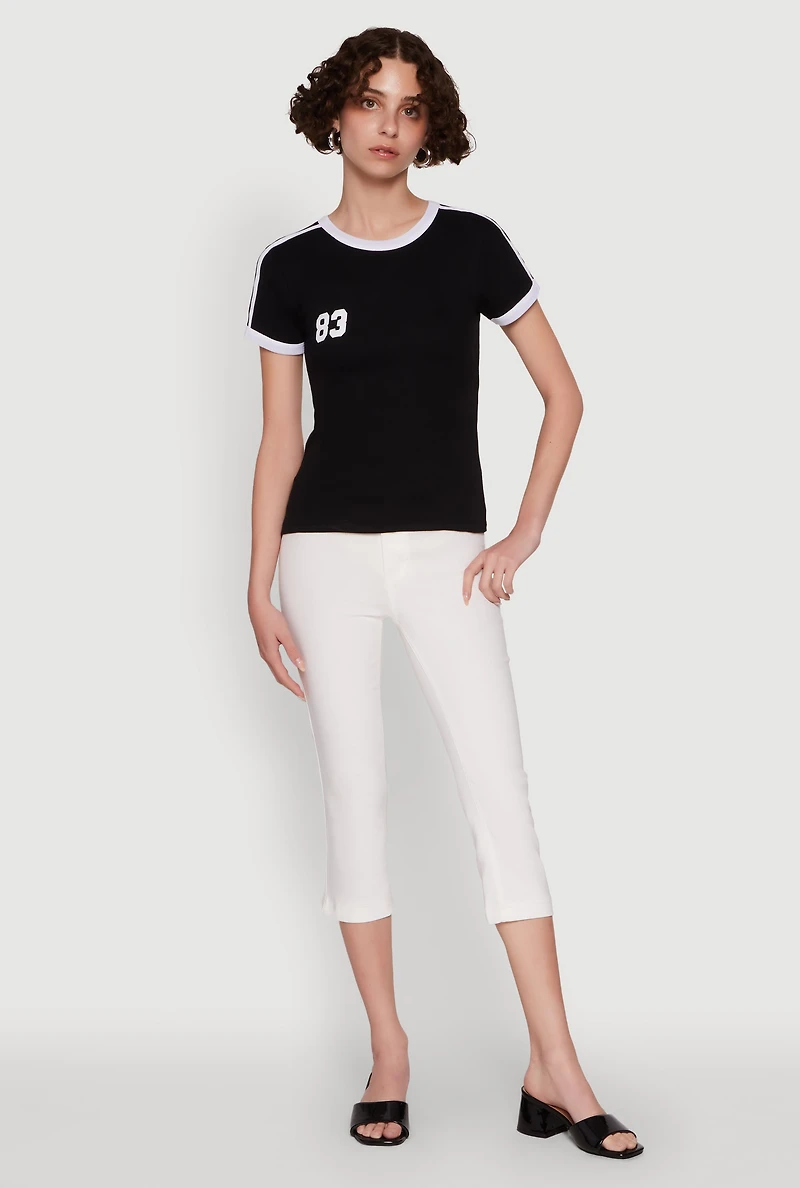 Womens Stylish 83 Graphic Contrast Trim Cotton Jersey Tee, Black, Size S
