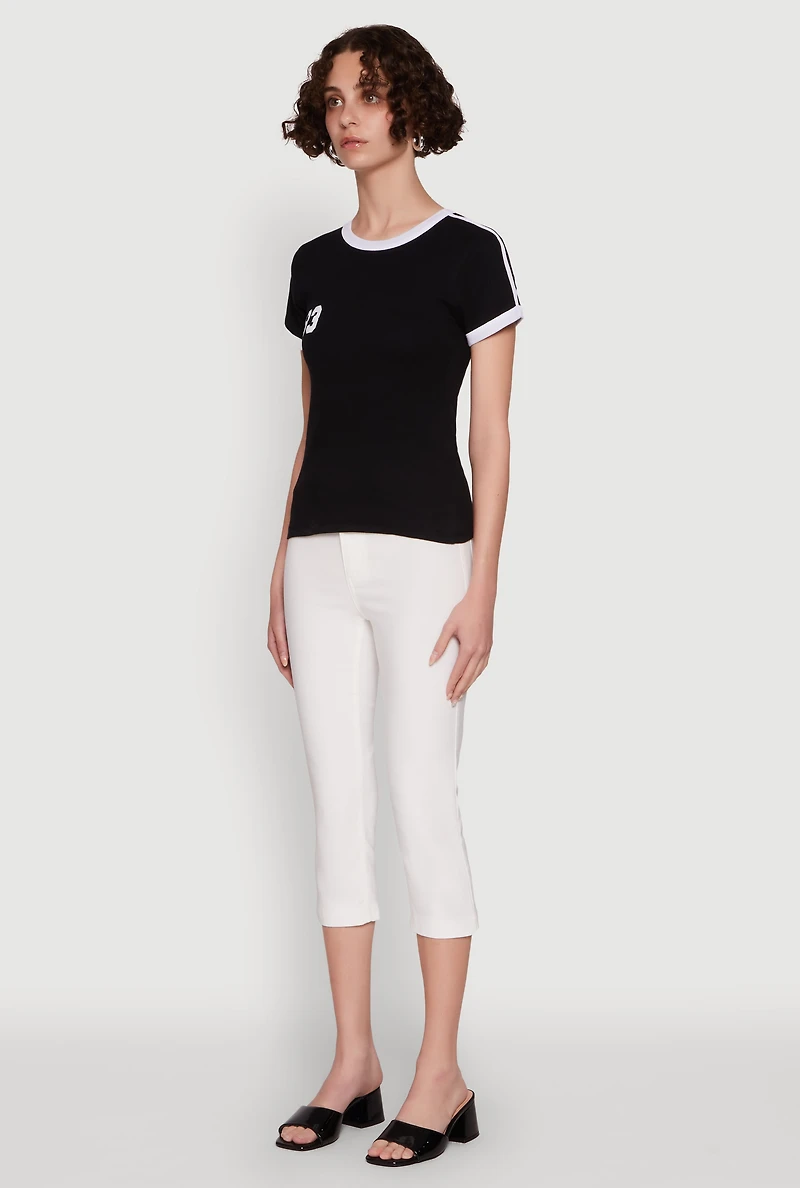 Womens Stylish 83 Graphic Contrast Trim Cotton Jersey Tee, Black, Size S