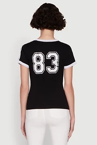 Womens Stylish 83 Graphic Contrast Trim Cotton Jersey Tee, Black, Size S