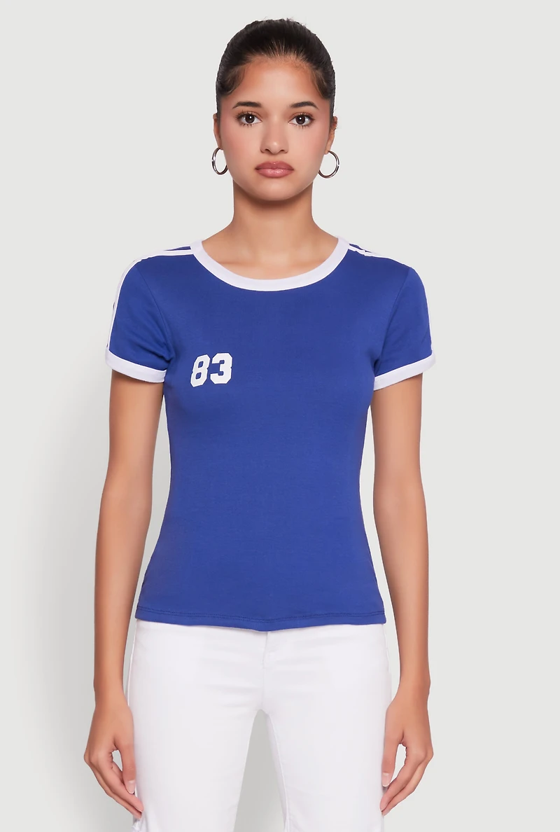 Womens Stylish 83 Graphic Contrast Trim Cotton Jersey Tee, Blue, Size M