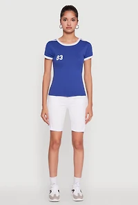 Womens Stylish 83 Graphic Contrast Trim Cotton Jersey Tee, Blue, Size M