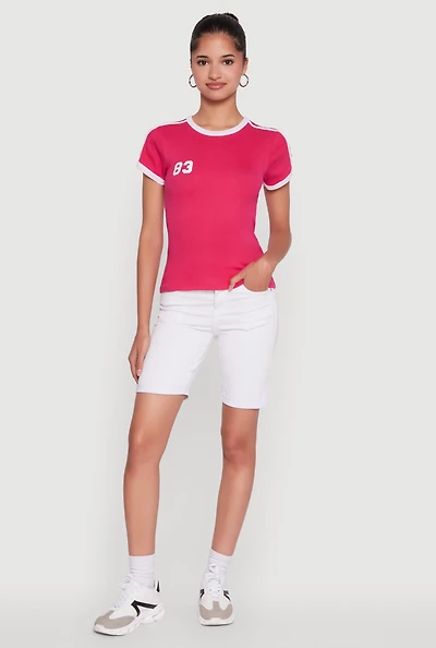Womens Stylish 83 Graphic Contrast Trim Cotton Jersey Tee, Pink, Size M