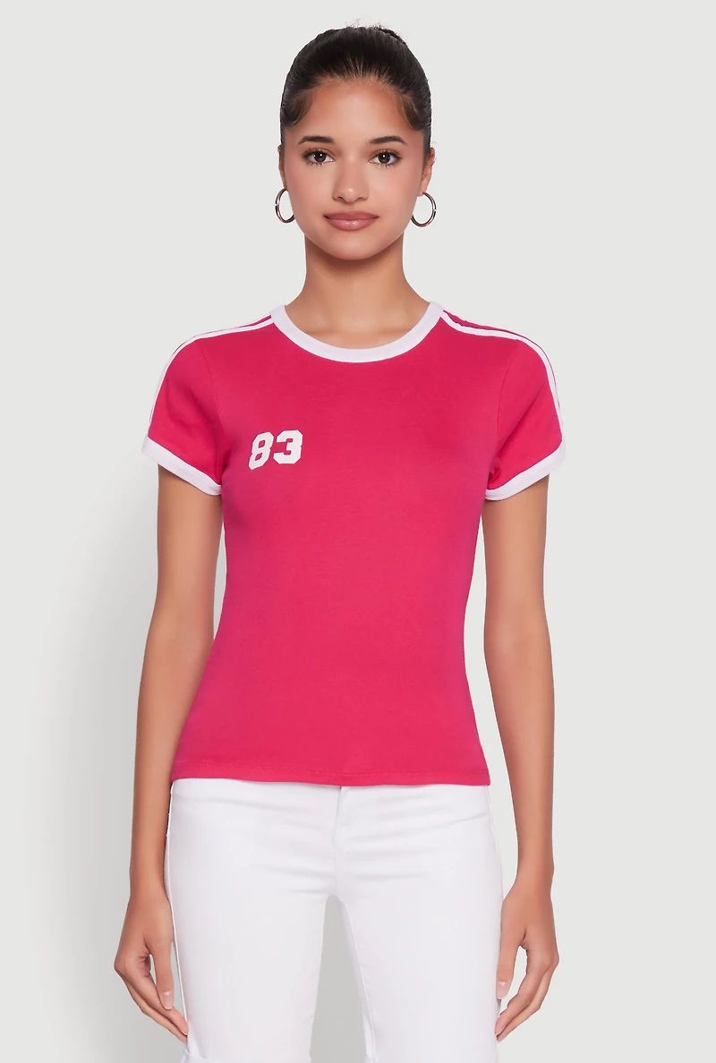 Womens Stylish 83 Graphic Contrast Trim Cotton Jersey Tee, Pink, Size M