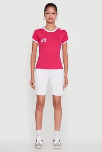 Womens Stylish 83 Graphic Contrast Trim Cotton Jersey Tee, Pink, Size M