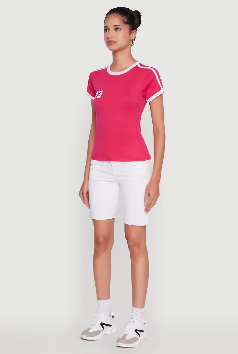 Womens Stylish 83 Graphic Contrast Trim Cotton Jersey Tee, Pink, Size M