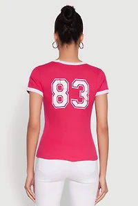 Womens Stylish 83 Graphic Contrast Trim Cotton Jersey Tee, Pink, Size M
