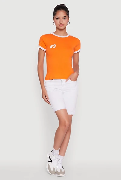 Womens Stylish 83 Graphic Contrast Trim Cotton Jersey Tee, Orange, Size M
