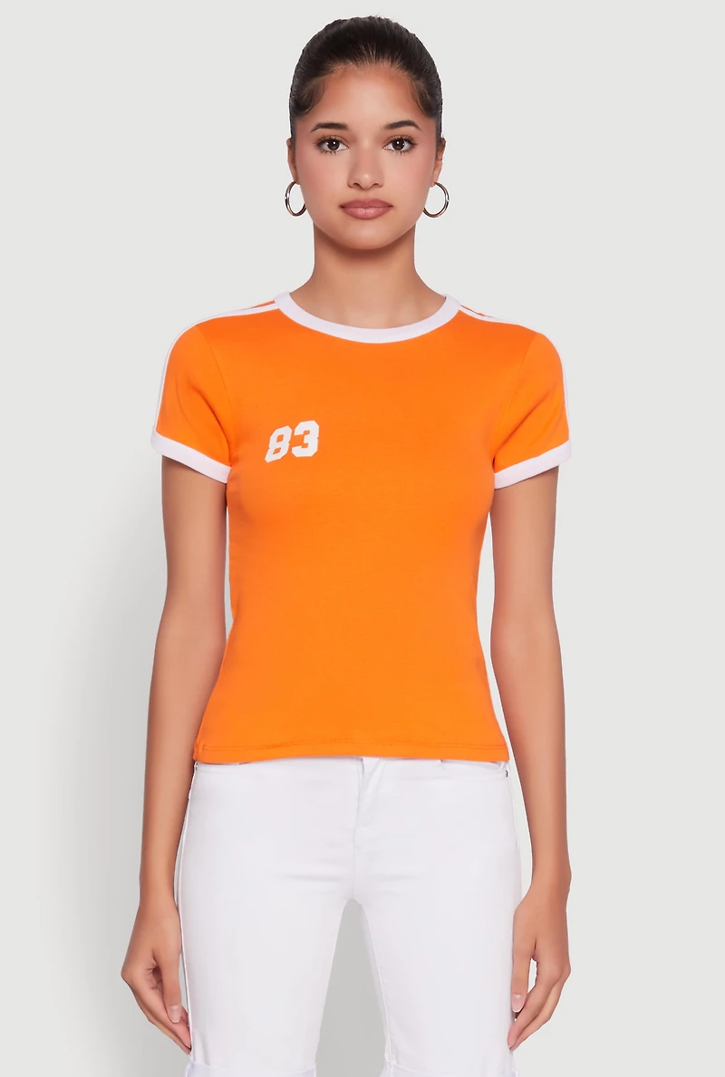 Womens Stylish 83 Graphic Contrast Trim Cotton Jersey Tee, Orange, Size M