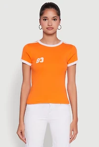 Womens Stylish 83 Graphic Contrast Trim Cotton Jersey Tee, Orange, Size M