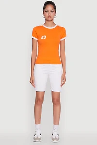Womens Stylish 83 Graphic Contrast Trim Cotton Jersey Tee, Orange, Size M